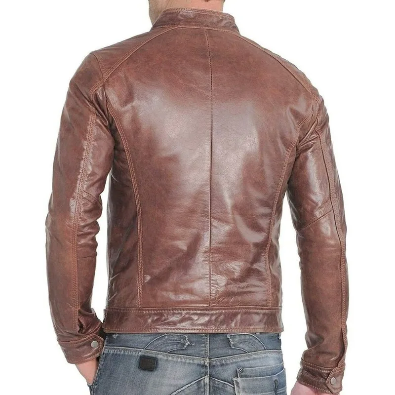 เสื้อแจ็คเก็ตหนังแกะแท้สําหรับผู้ชายคลาสสิก Biker Brown Handmade Casual Wear