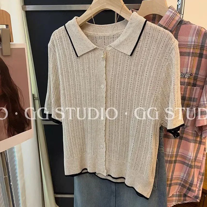 Women Clothing Soft Fashion Polo-neck Knitted T-shirt Spring Summer Casual Versatile Knitwear Lady Retro Cool Comfortable Top