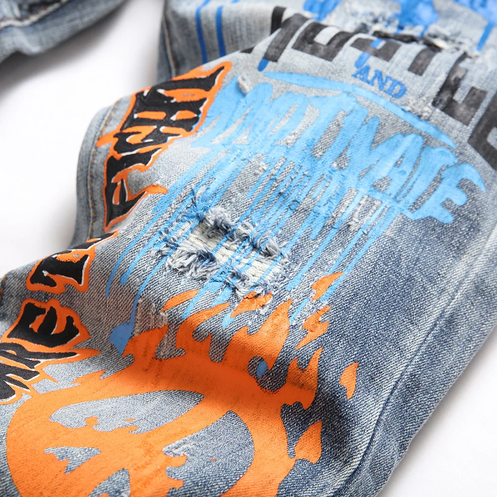 Men Graffiti Print Denim Jeans Streetwear Skull Letters Painted Stretch Pants Holes Ripped Distressed Slim Tapered Trousers