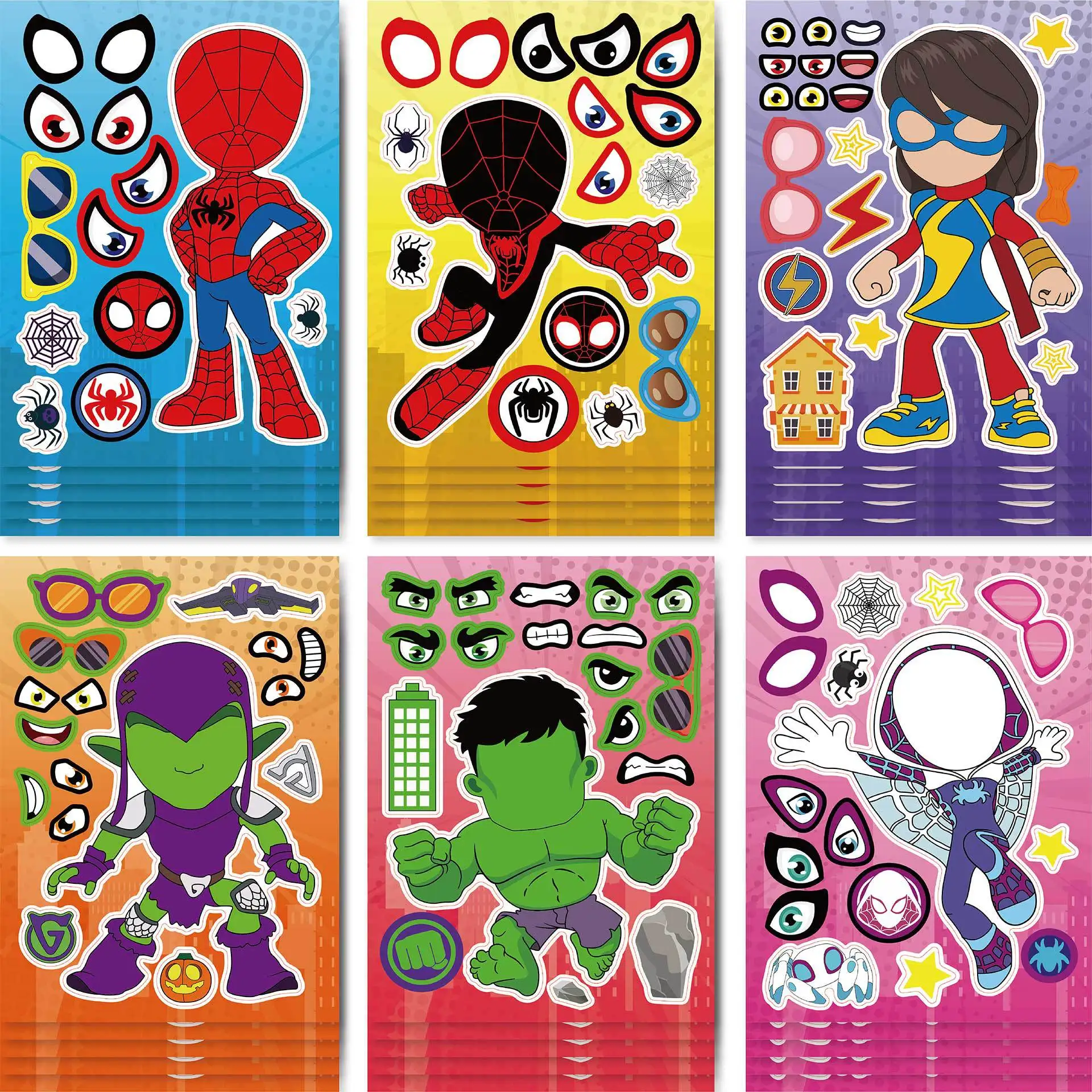 6/12sheets The Avengers Day Puzzle Stickers Make a Face Sticker Kids Toys Disney Decals Gift  Decoration Spider Man Graffiti Toy