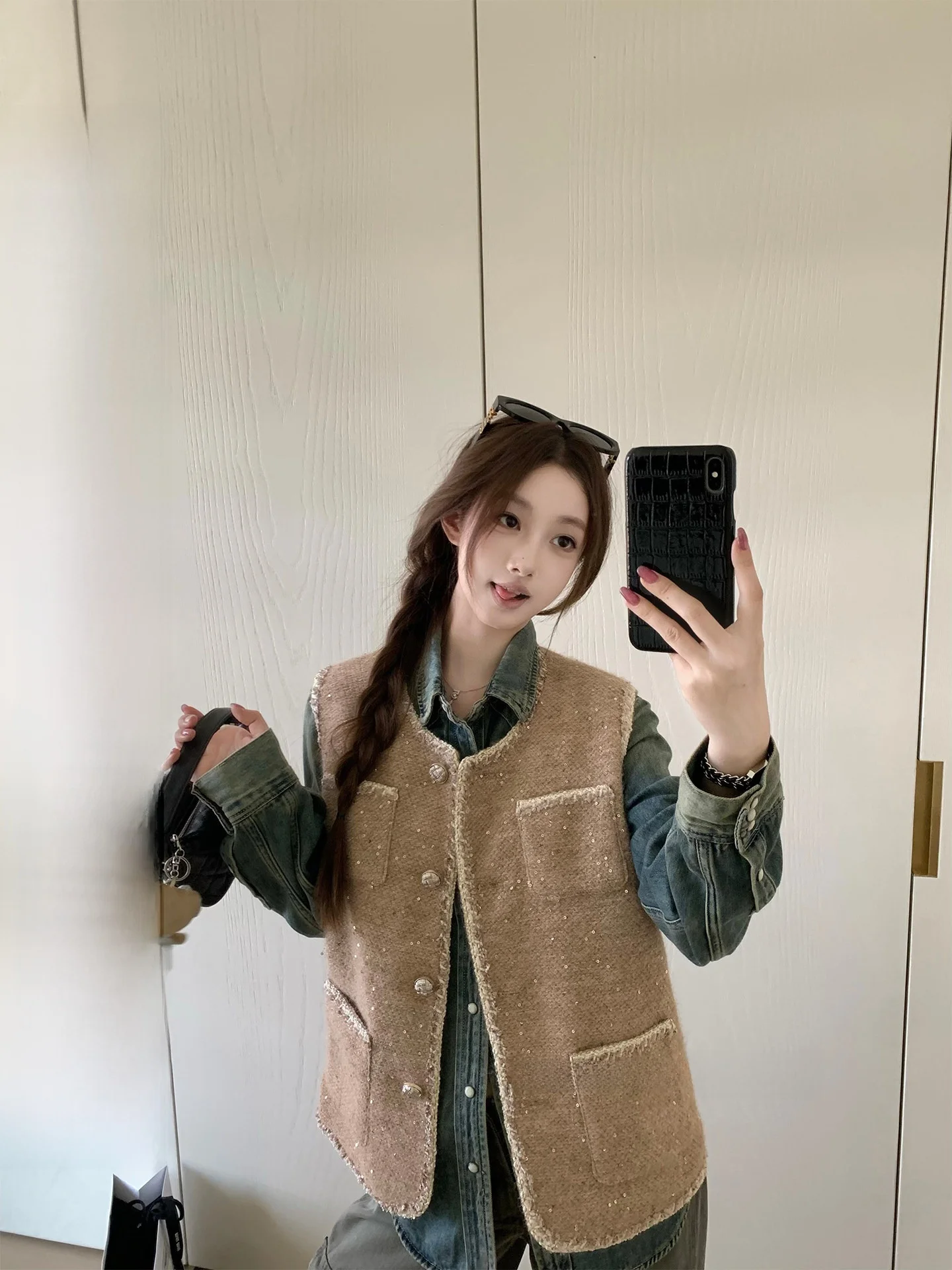 

Elegant Cocoa Fragrance Classic Thick Tweed Shiny Women's Vest Simple Style Loose Fit Soft Material Daily Wear Short Length