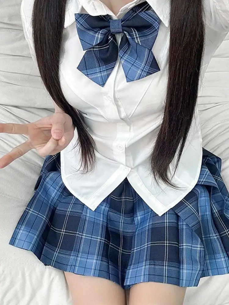 

Summer JK orm School Sle Slimming irt Waist Cinch Plaid Skirt Set Women's Faion Pure Desire ort Sve Collar