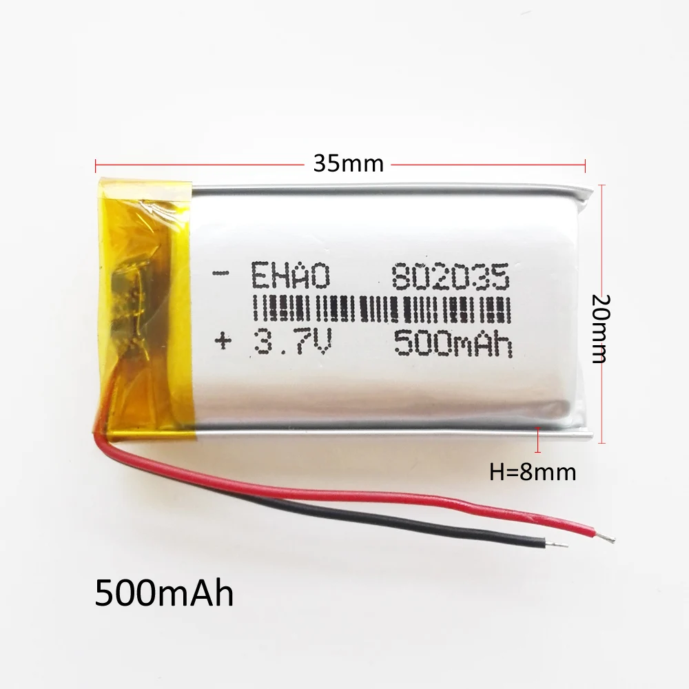 Lithium Polymer Battery 802035 3.7V 500mAh Rechargeable Replacement Cell For GPS MP3 Camera Smart Watch Recorder