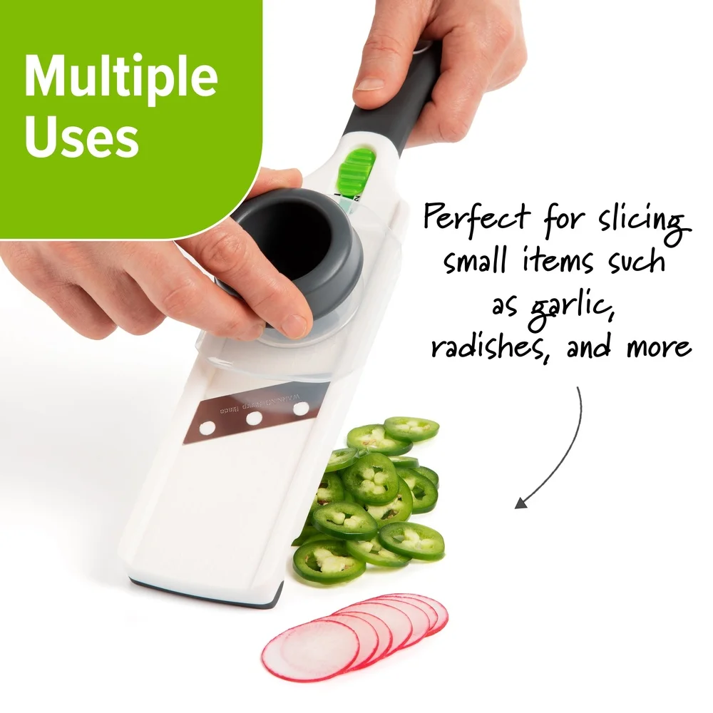 Verstellbarer Mini-Mandolinenschneider mit Edelstahlklinge, Sicherheitsanleitung, ergonomischer Griff, effiziente Zubereitung und Schneiden von Mahlzeiten