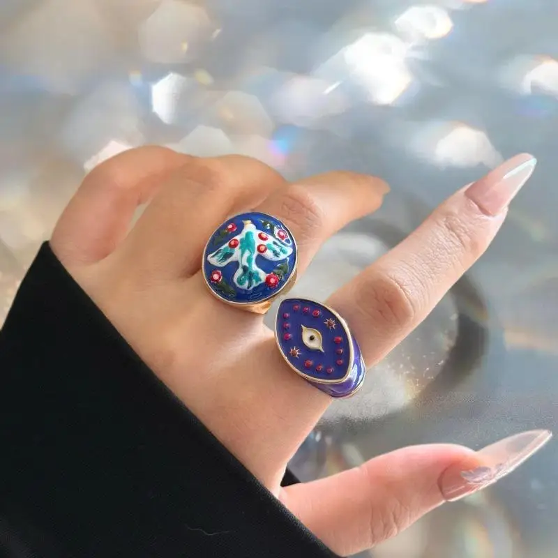 مبالغ فيها خمر المينا رأس الحصان الطيور رسمت عين الشيطان واسعة حلقة مفتوحة أنيقة اكسسوارات مجوهرات للنساء هدية #2