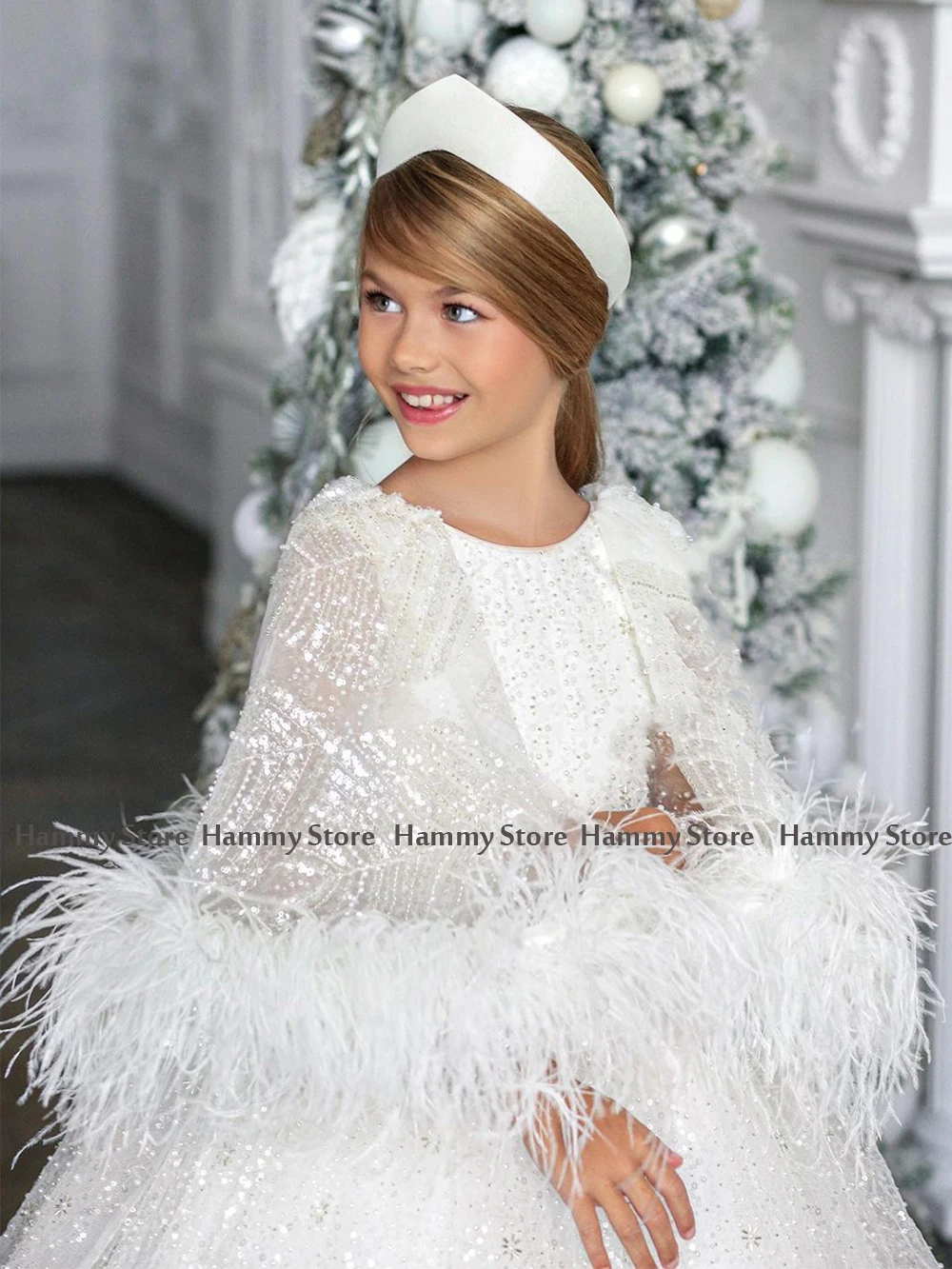 Glitter Sequin Flower Girl Dresses with Feathers Cape Luxury Beading Pearls Party Dress for Kids Pageant First Communion Gown