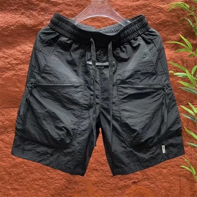 Men Trendy Japanese Style Zipper Pockets Quick Dry Cargo Short Pants 2024 Summer Causal Solid Loose Sports Straight Beach Shorts