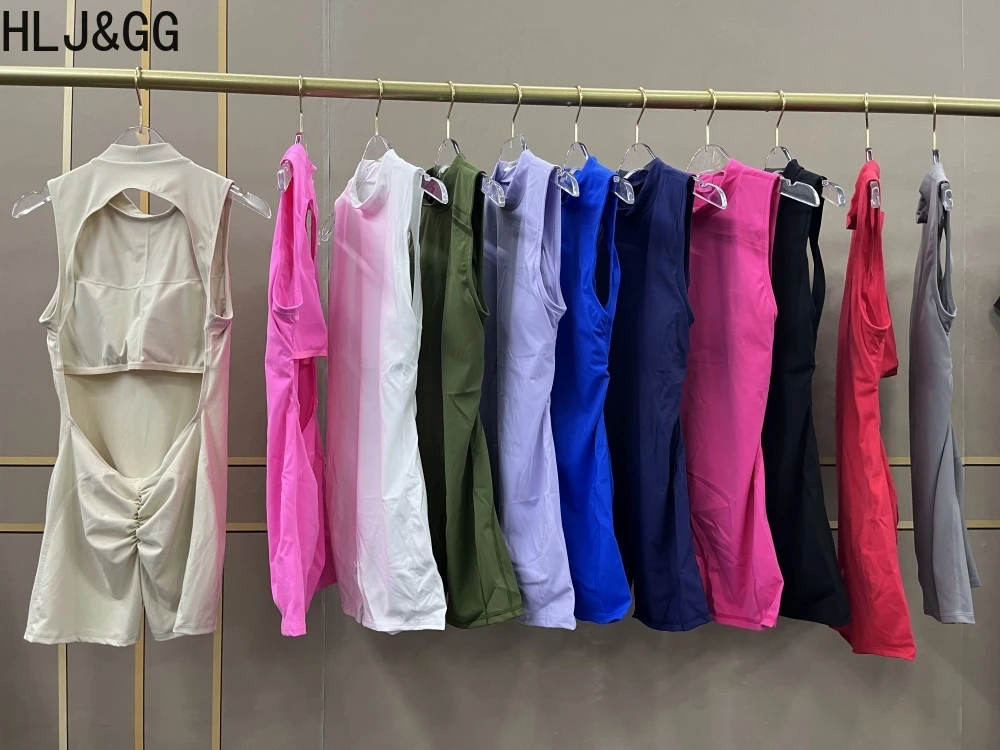 HLJ&GG Fashion High Quality Stretchy Sporty Bodycon One Piece Rompers Women Round Neck Backless Slim Workout Jumpsuit Sportswear