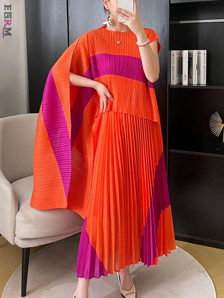 

EGRM Miyake Pleated Set Shawl Irregular Top and Contrast Color Long Large Swing Skirt Two-piece Sets for Women 2024 New 8GR6129