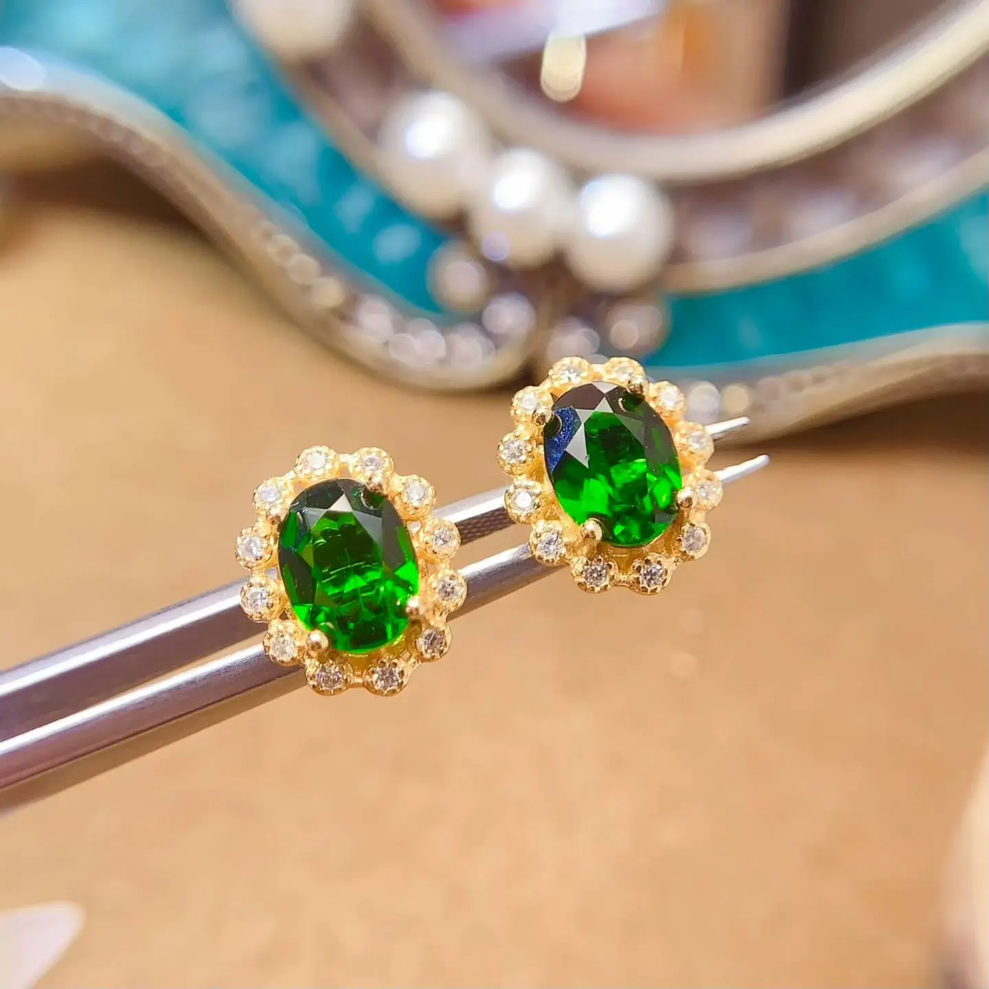 Classic 925 Silver Stud Earrings Natural Diopside Earrings 6mm*8mm 2ct Genuine Diopside Silver Earrings with 18K Gold Plating - Image 4