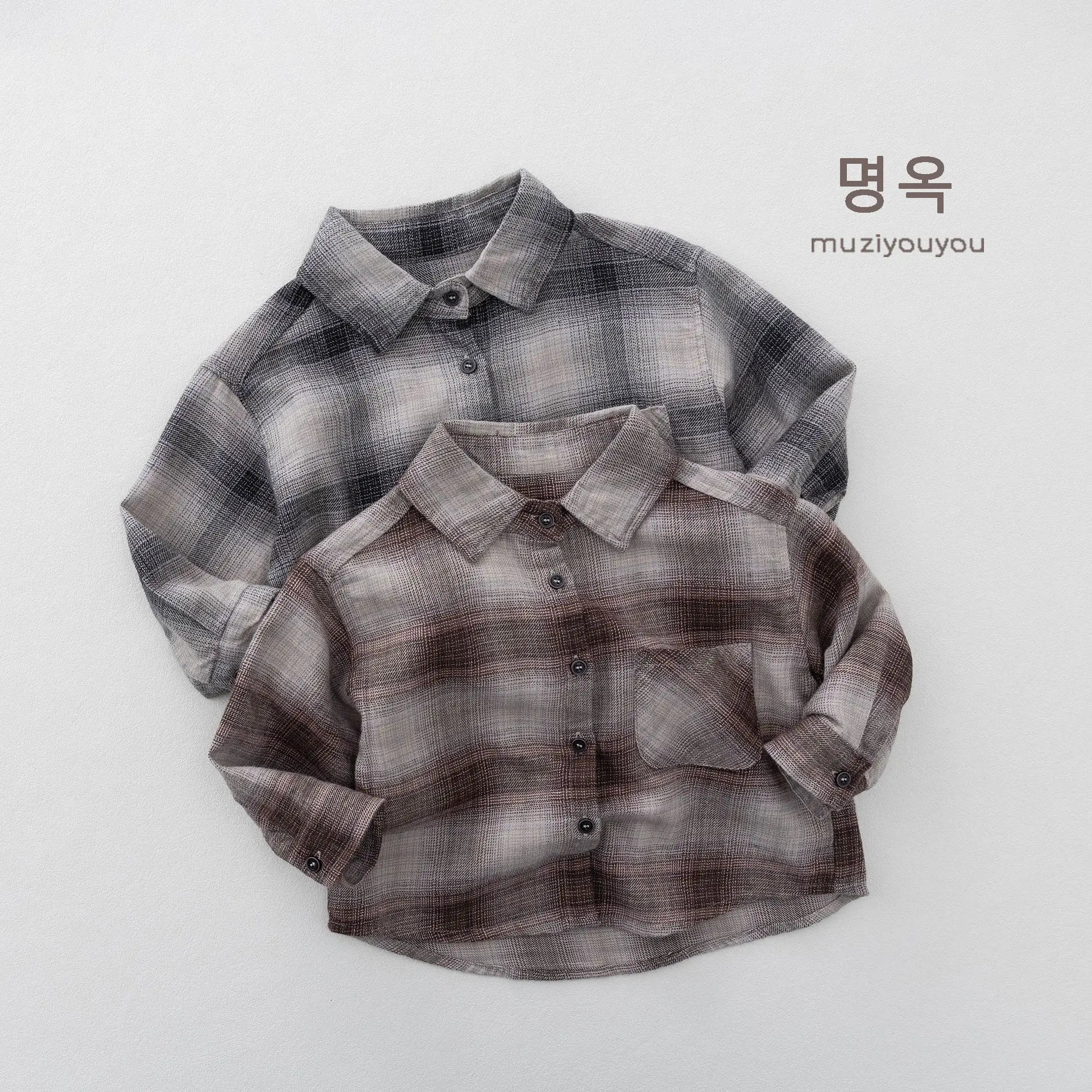 Retro plaid children's long sleeved shirt, autumn new style lapel Japanese casual children's clothing