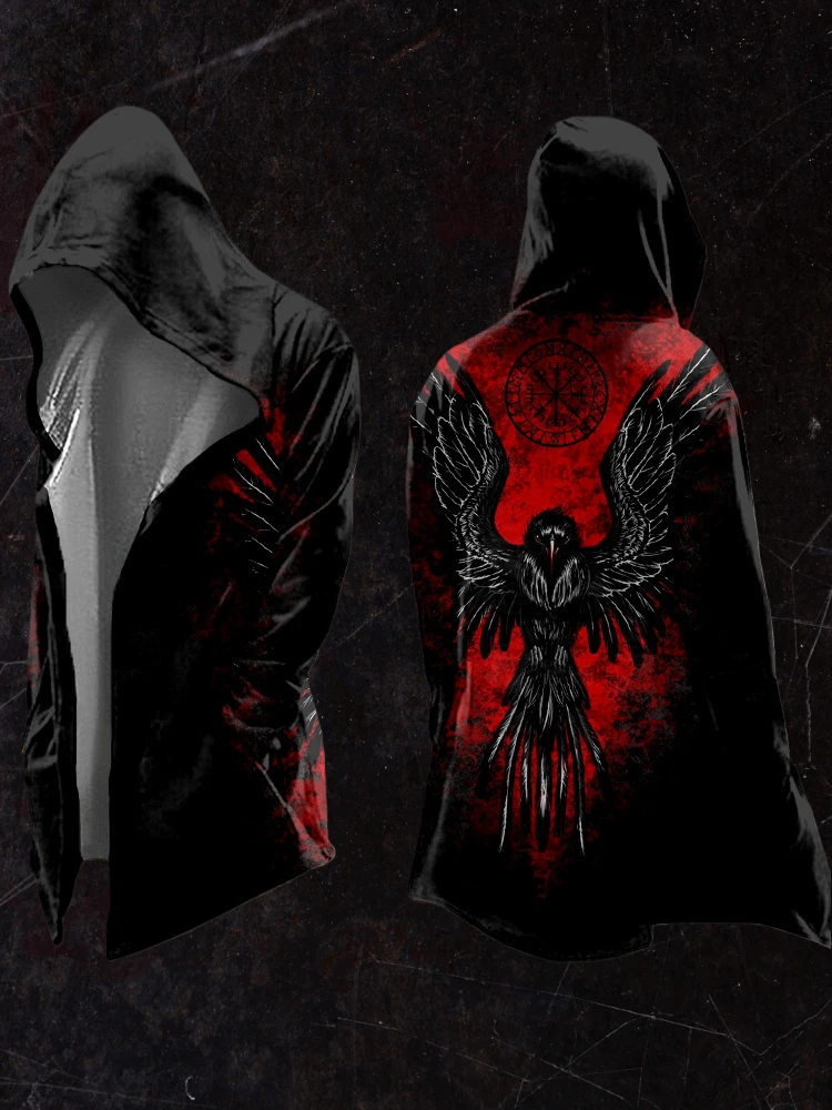 2025年新作 抽象的な宇宙レトロプリント 春/秋 メンズ 3Dデジタルプリント オーバーサイズ フード付きトレンチコート カーディガン