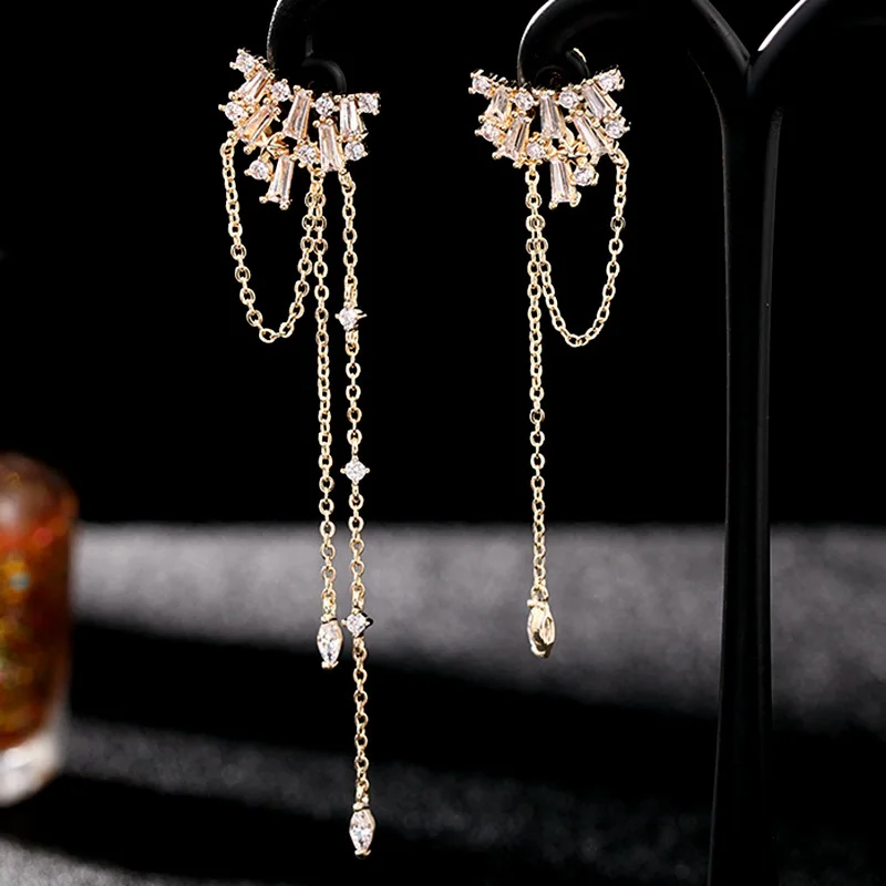 

New S925 Silver needle Korean version daily asymmetrical tassel long earrings Geometric earrings for women