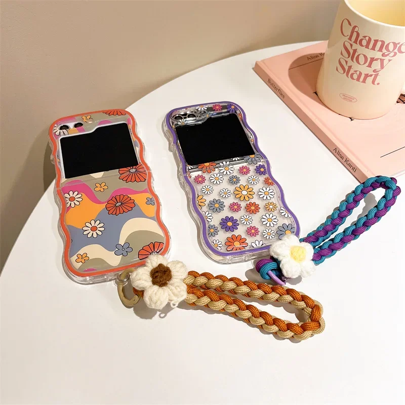 Funda de teléfono con cordón de flores para Samsung Galaxy Z Flip 6 5 4 3, funda trasera protectora para ZFlip4 ZFlip5 ZFlip6