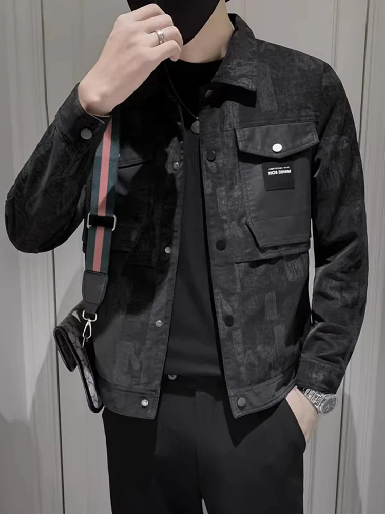 

Spring Autumn Men's Slim Fit Motorcycle Jaet Trendy Camouflage High-End Feel Coating Outerwear Long Sve Youth Faion