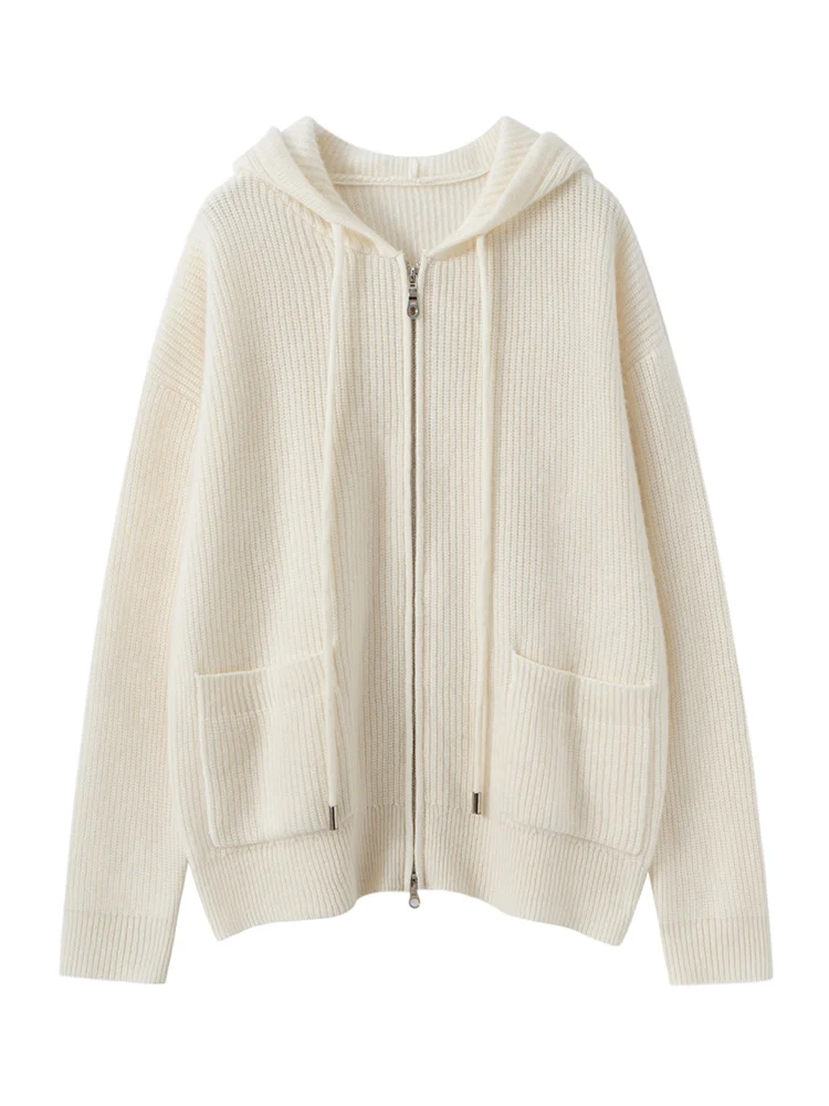 

Thick Casual Loose Hooded Cardigan Sweater 100% Cashmere Elegant Pokets Women's Soft Warm Autumn Winter Grace Cloting Tops