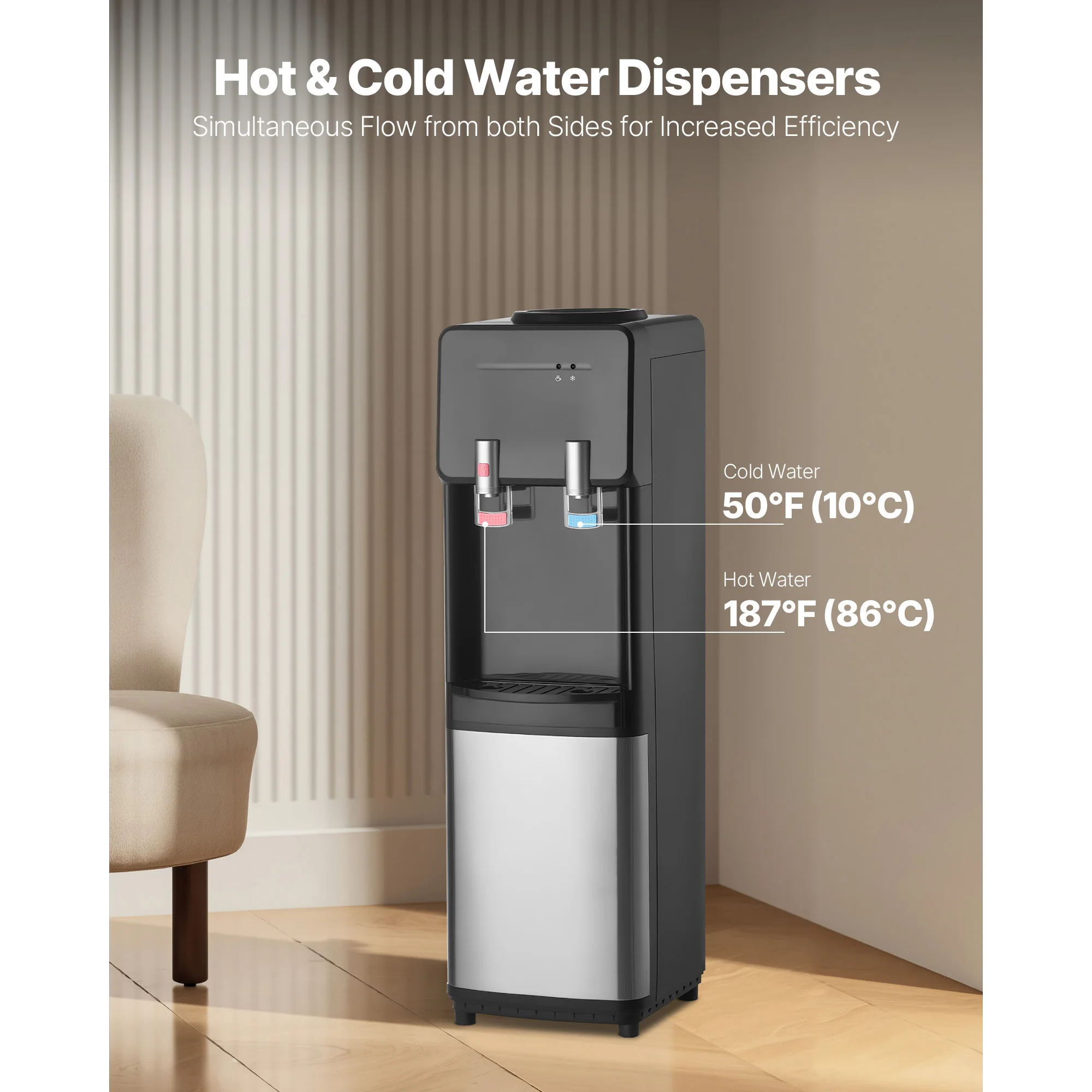 Dispensador de Água VEVOR com Carregamento Superior, Água Quente e Fria, para Garrafas de 3 ou 5 Galões, Aço Inoxidável Resistente para Uso Doméstico