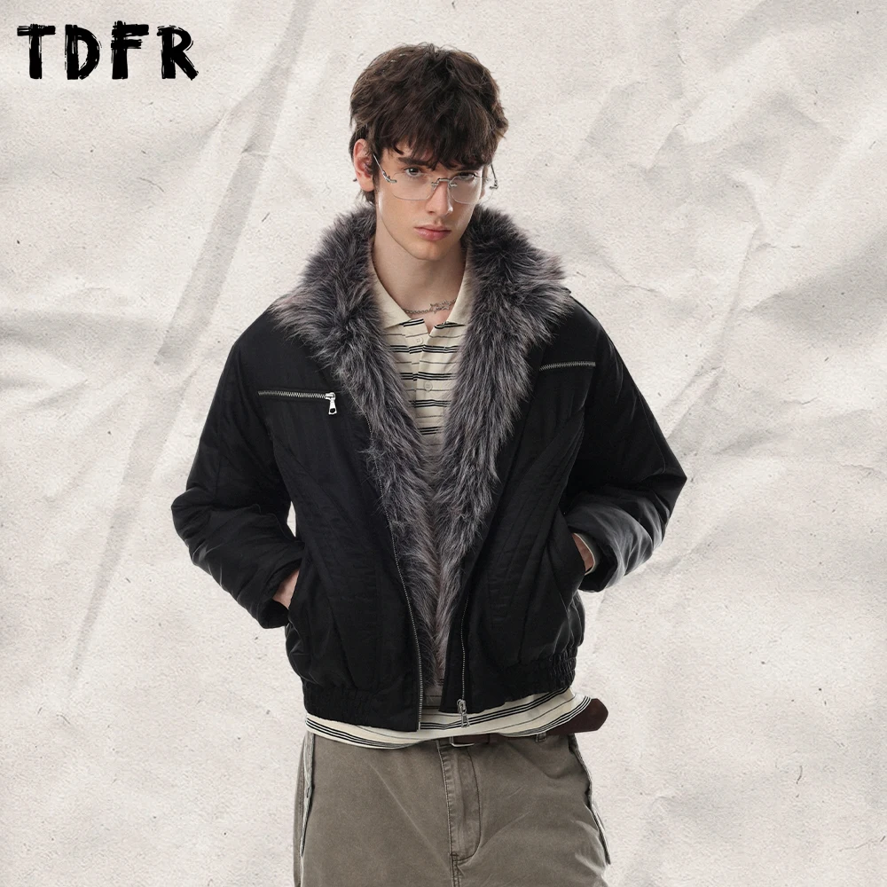 Spliced Fur Collar Quilted Jacke Mens Winter Zip Pocket Stand Collar Long Sleeve Thick Outerwear Man