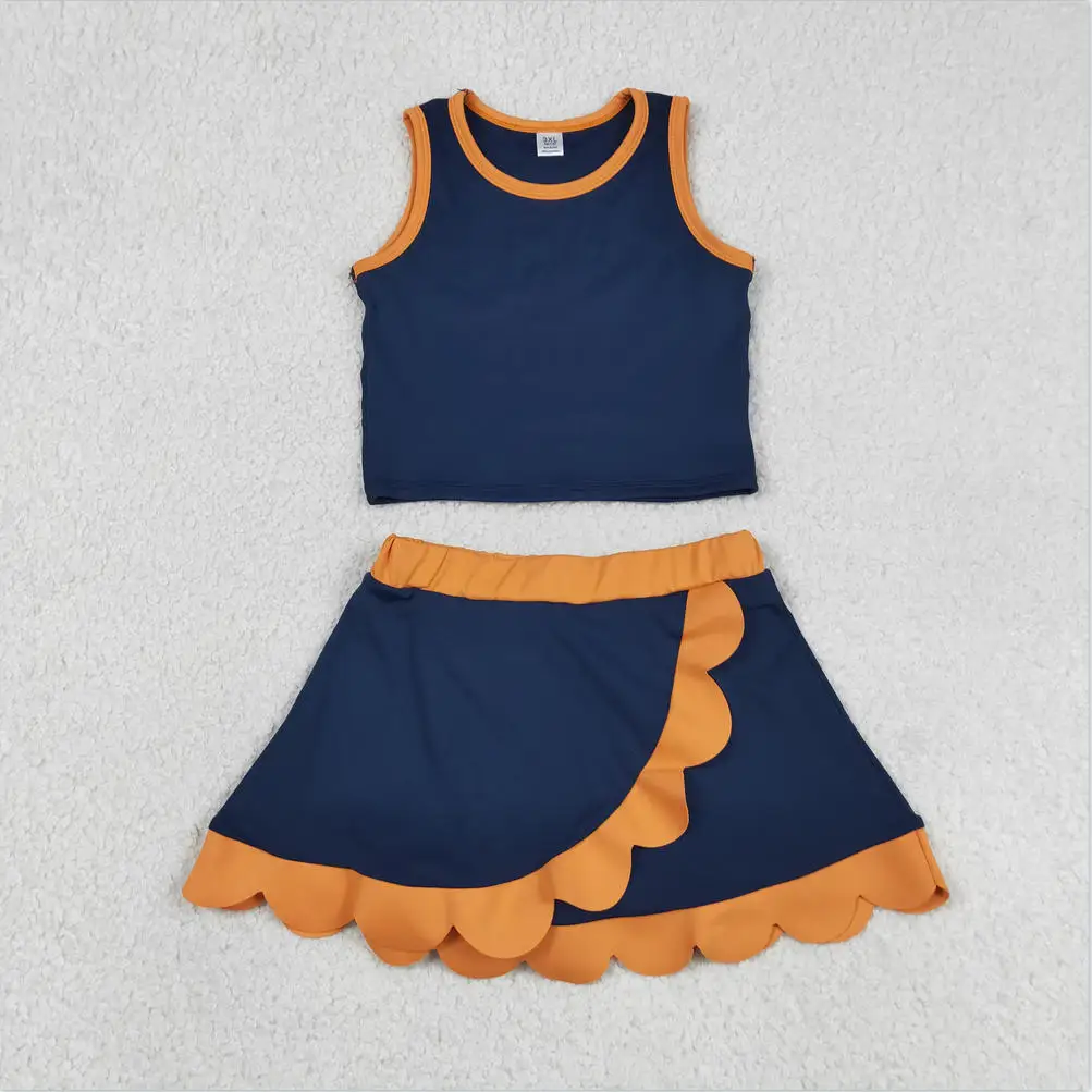 

Baby Girls Vests Skirt Short Yoga Active Sibling Baby Girls Sleeveless Navy Vest Scallop Skirt Short Clothes Set