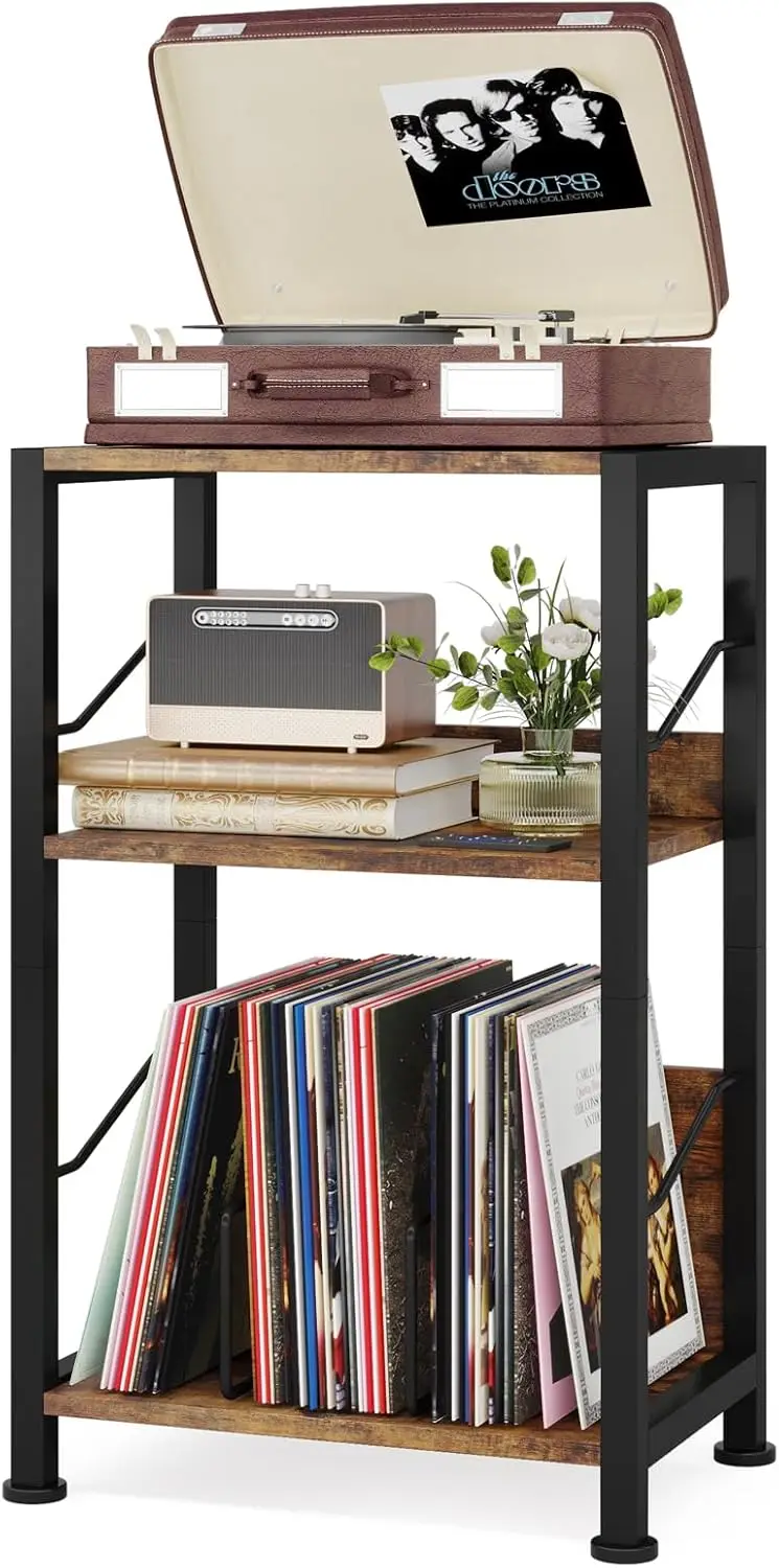 3-Tier Record Player Stand - Retro Vinyl Record Storage End Table Records for Living Room Bedroom (Rustic Brown)