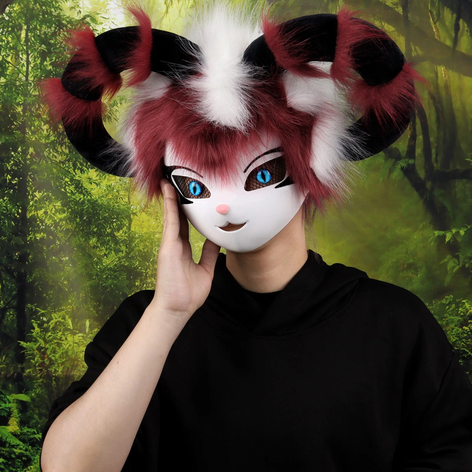 Maschera per il viso in corno di mucca di volpe animale in pelliccia sintetica per accessorio per costume cosplay per feste in maschera