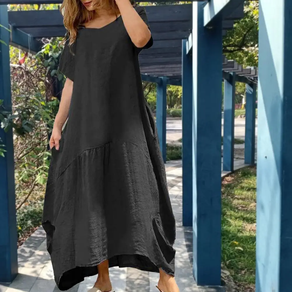 O Neck  Popular Anti-pilling Loose Hem Dating Dress Pullover Summer Dress Pure Colors   Female Clothes