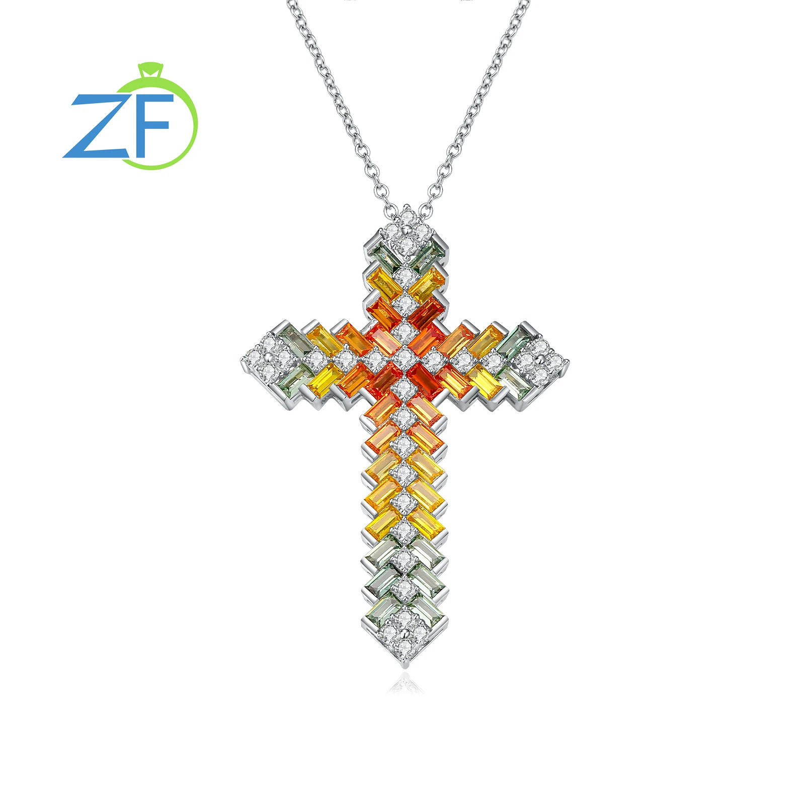 

GZ ZONGFA 925 Sterling Silver Colorful Cross Necklace for Women 6.5ct Created Colorful Gemstone Sapphire Necklaces Fine Jewelry