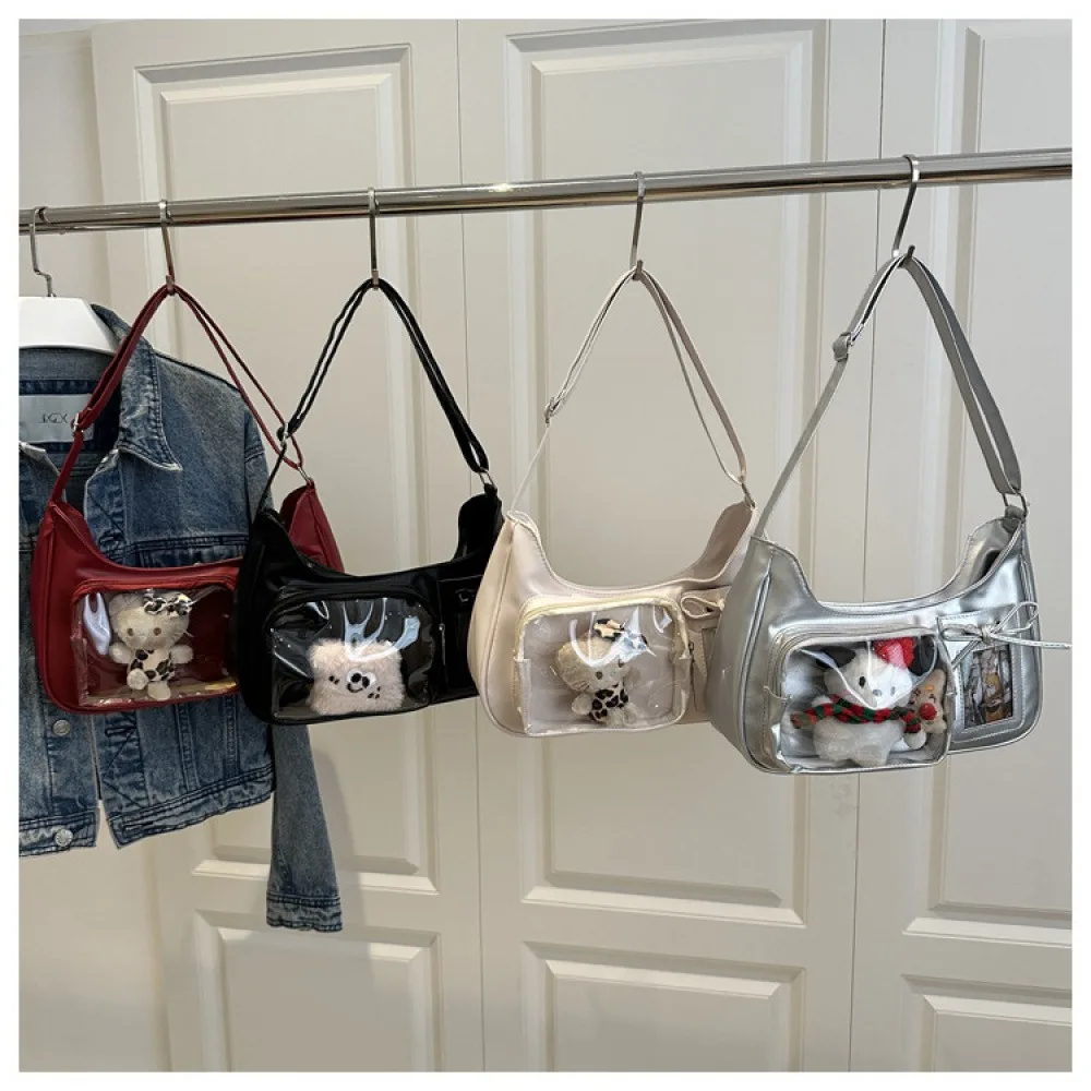 Vintage burgundy PU transparent shoulder bag with side bow pocket, underarm bag, anime-themed fan goods storage shoulder bag