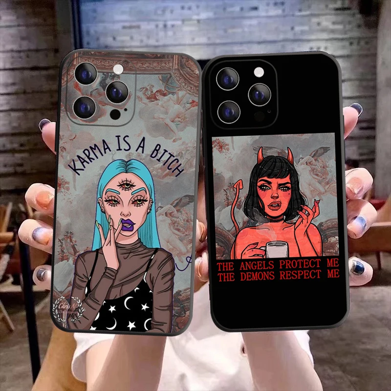 Fashion Devil Girl Sexy Cute Phone case for iPhone 11 12 13 14 Pro Max X XR XSMax 7 8 14Plus 13Mini Black Soft Silicone TPU Case
