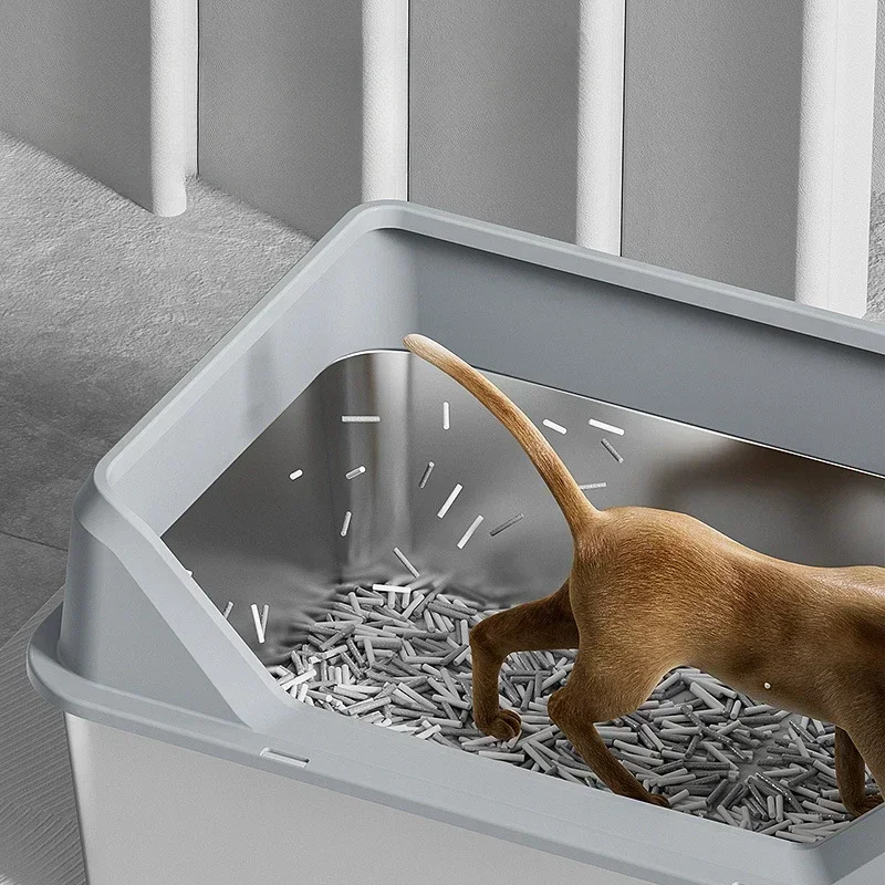 Afbeelding 5: Extra grote roestvrijstalen kattenbak Hoogzijdige geurcontrolebak Gemakkelijk schoon te maken huisdierpan met schep Duurzame Kitty toiletbak