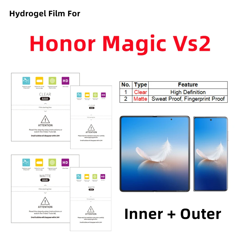 

Внутренняя и внешняя матовая гидрогелевая пленка для Honor Magic Vs2, HD защитная пленка для складного телефона Honor Magic Vs2, прозрачная защитная пленка для экрана