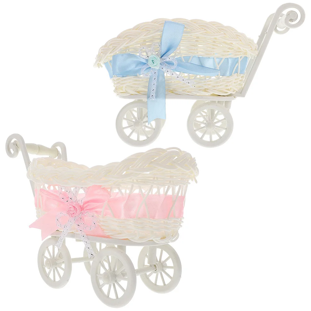 2Pcs Artificial Rattan Stroller Candy Baskets Cute Woven Storage Small Wedding Party Gift Decorative Flower Basket
