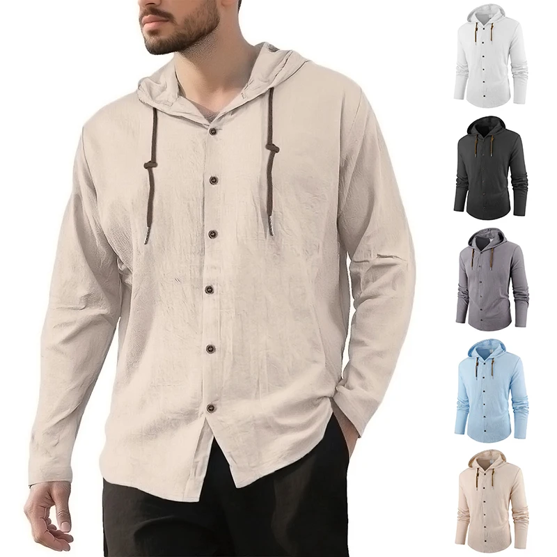 

Men's Shirt Fashion Hooded Design Cotton Linen Breathable Loose Fit Tops Long Sleeve Single Breasted Solid Color Male Shirts