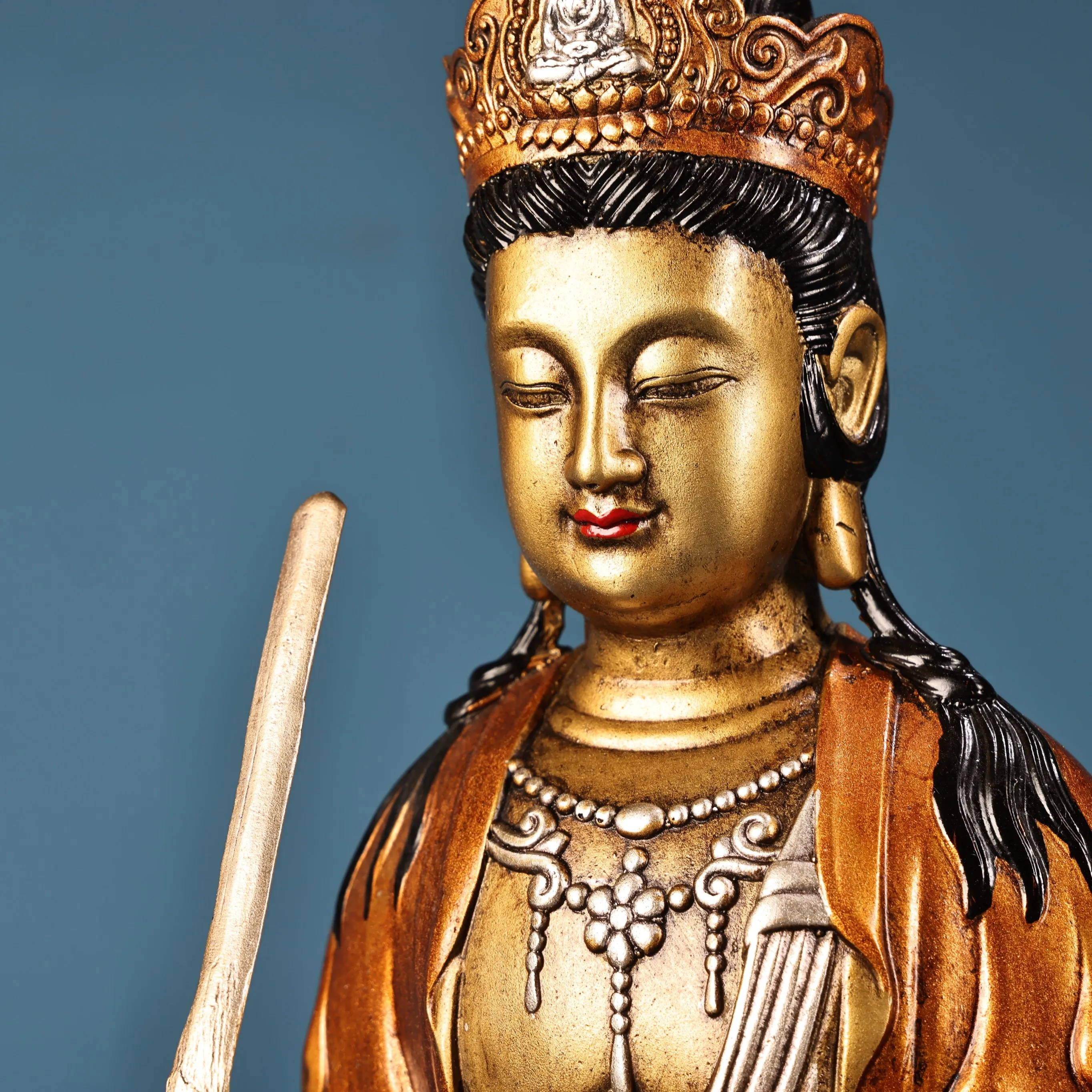 Old Bronze Painted Outline in gold silver Manjusri Bodhisattva Buddha Samantabhadra Bodhisattva Sitting Buddha mount a set