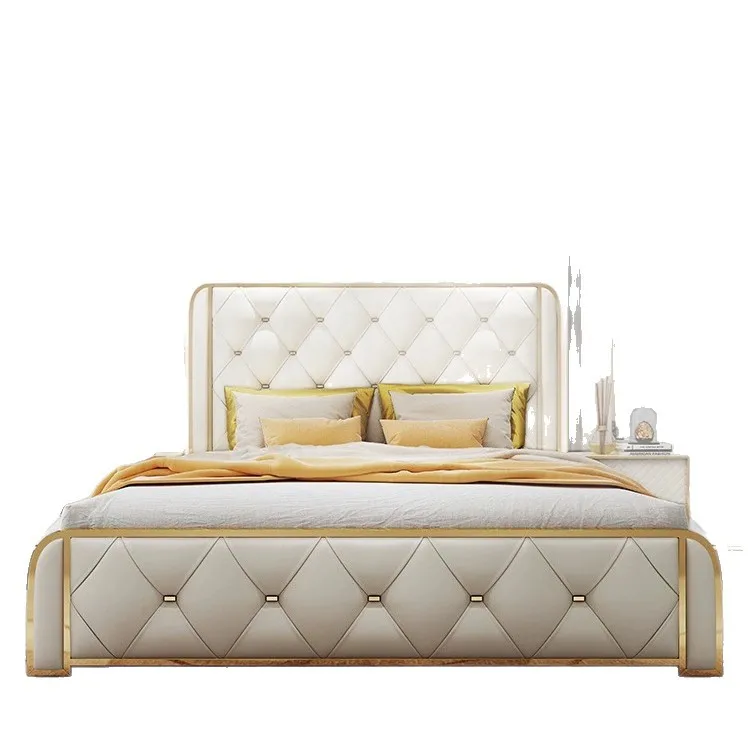 

# Rectangular Gold-Frame Leather Bed for Bedroom, Plush Soft Bed with Diamond Stitching & Opulent Style