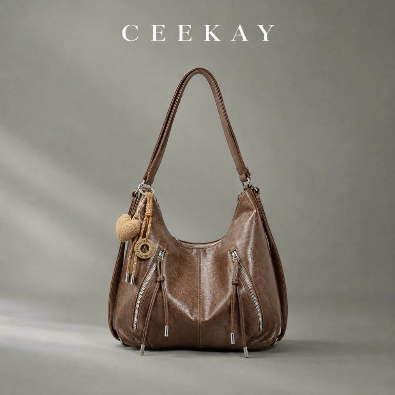 CEEKAY Leather Hobo Bag Double Zipper Pocket Heart Charm Top Handle Versatile Everyday Commute Casual Large Capacity Purse Women