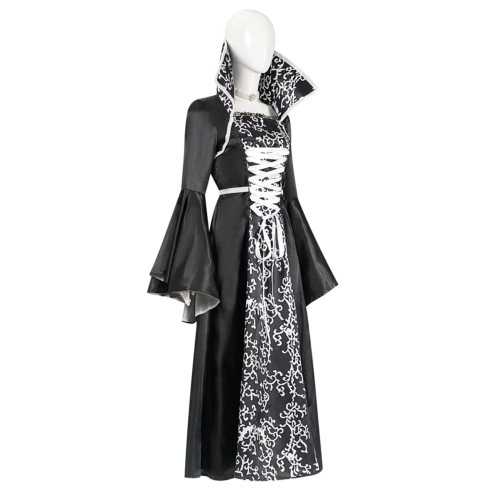 

New Witch Suit Medieval Retro Lace-up Collar Horn Sleeve Printed Long Dress Halloween Women's New Suit