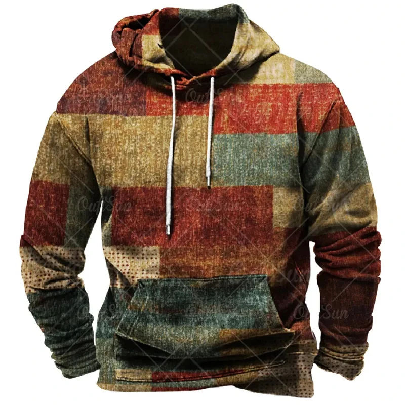 Vintage Hoodies For Men 3d Plaid Print Colorful Hoodie Sweatshirts Long Sleeve Pullovers Street Mens Clothes Casual Unisex Tops