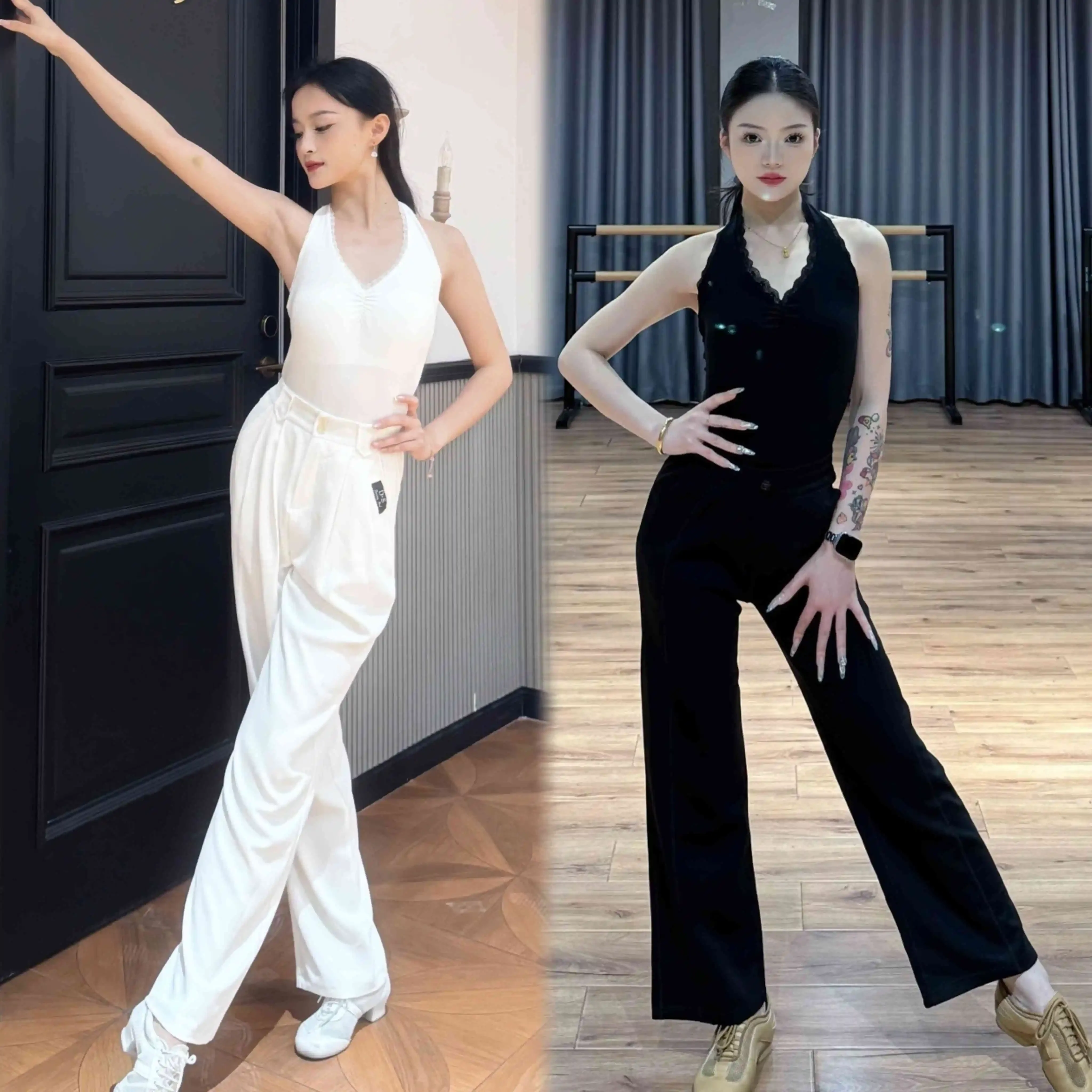 

Summer Latin Ballroom Dance Clothes Women Lace V Neck Tops White Black Dancing Pants Rumba Chacha Practice Clothing DNV26886