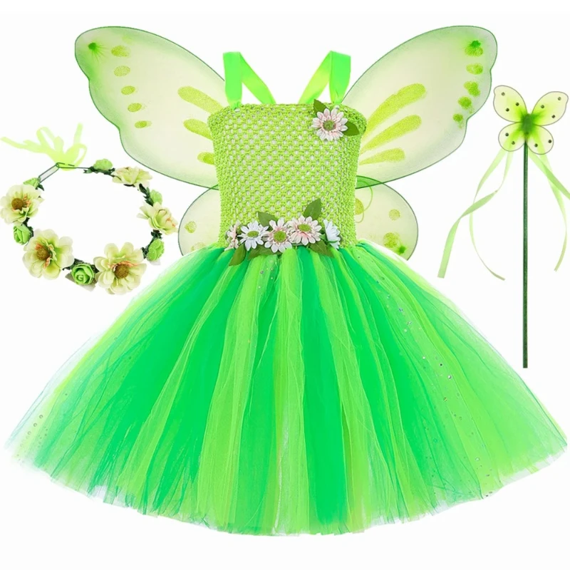 

Fairy Princess Dress Set Girls' Green Dreamy Tulle Ballet Gown Children's Carnival Halloween Stage Party Costume with Wings