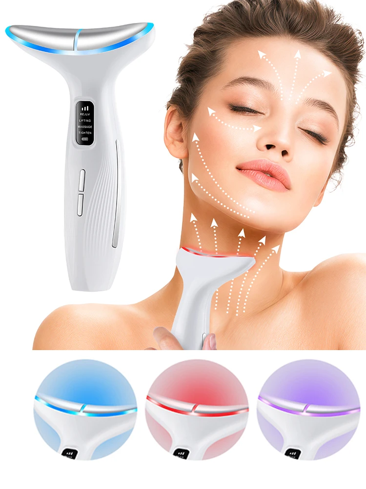 Neck Beauty Device Microcurrent 4 Modes 3 Gears LED Light Heat 45°C Dolphin Curve USB Rechargeable Skin Firming Massager for Women Girlfriend Daily Ho