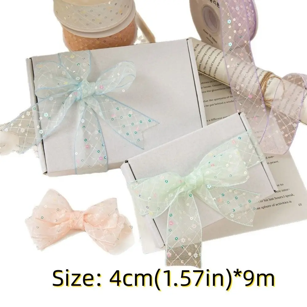 Creative 10 Yards Silk Ribbon 4cm Gift Wrapping Bouquets Chiffon Ribbon Sequined Mesh Lace Fabric Gifts Packaging Material view 6