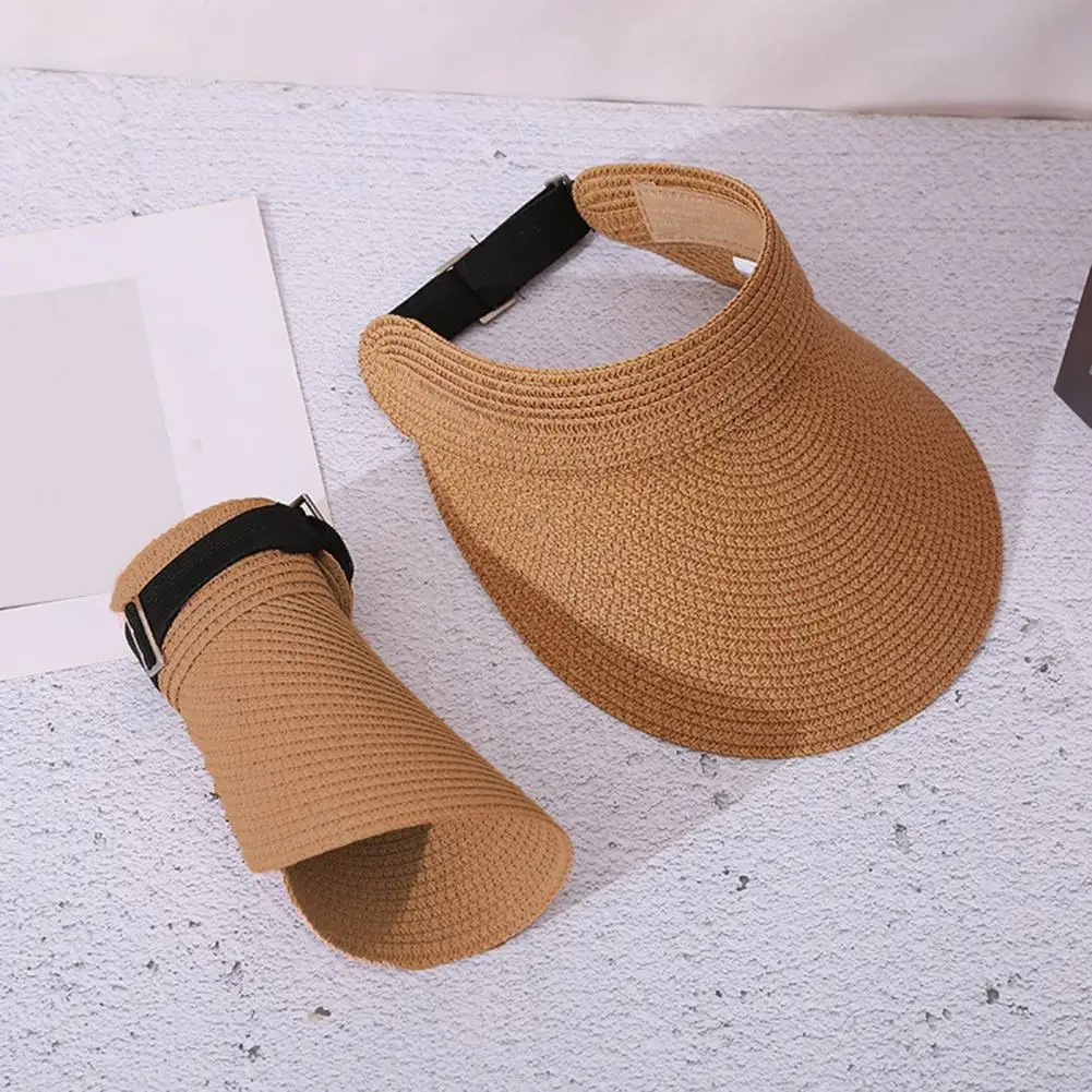 Summer Weave Sun Visor Adjustable Hat Wide Brim UV Protection Breathable Foldable Outdoor Beach Cycling Fishing Hollow Top Hat