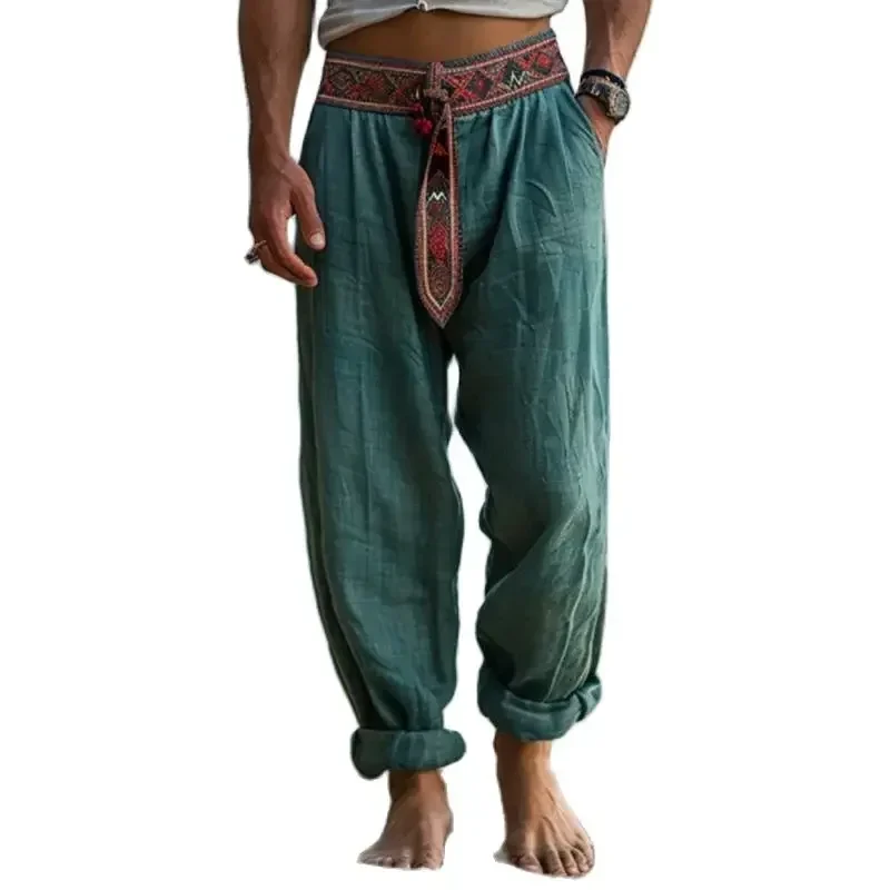 Vintage Boho Graphic Belt Tie-up Pants Men Casual Loose Breathable Cotton Pants Summer Mens Fashion Patchwork Straight Trousers