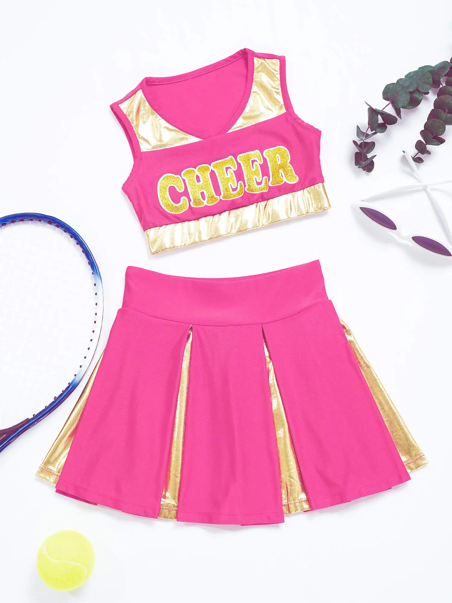 Kids Girls Cheer Uniform Cheerleader Dance Costume Sleeveless V Neckline Letter Print Crop Top with Elastic Waistband Skirt