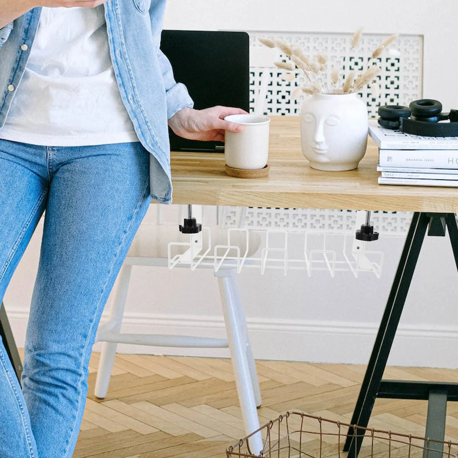 

Cable Management Tray Under Desk White Wire Organizer Small Size Iron Desktop Cord Storage Rack Simple Durable
