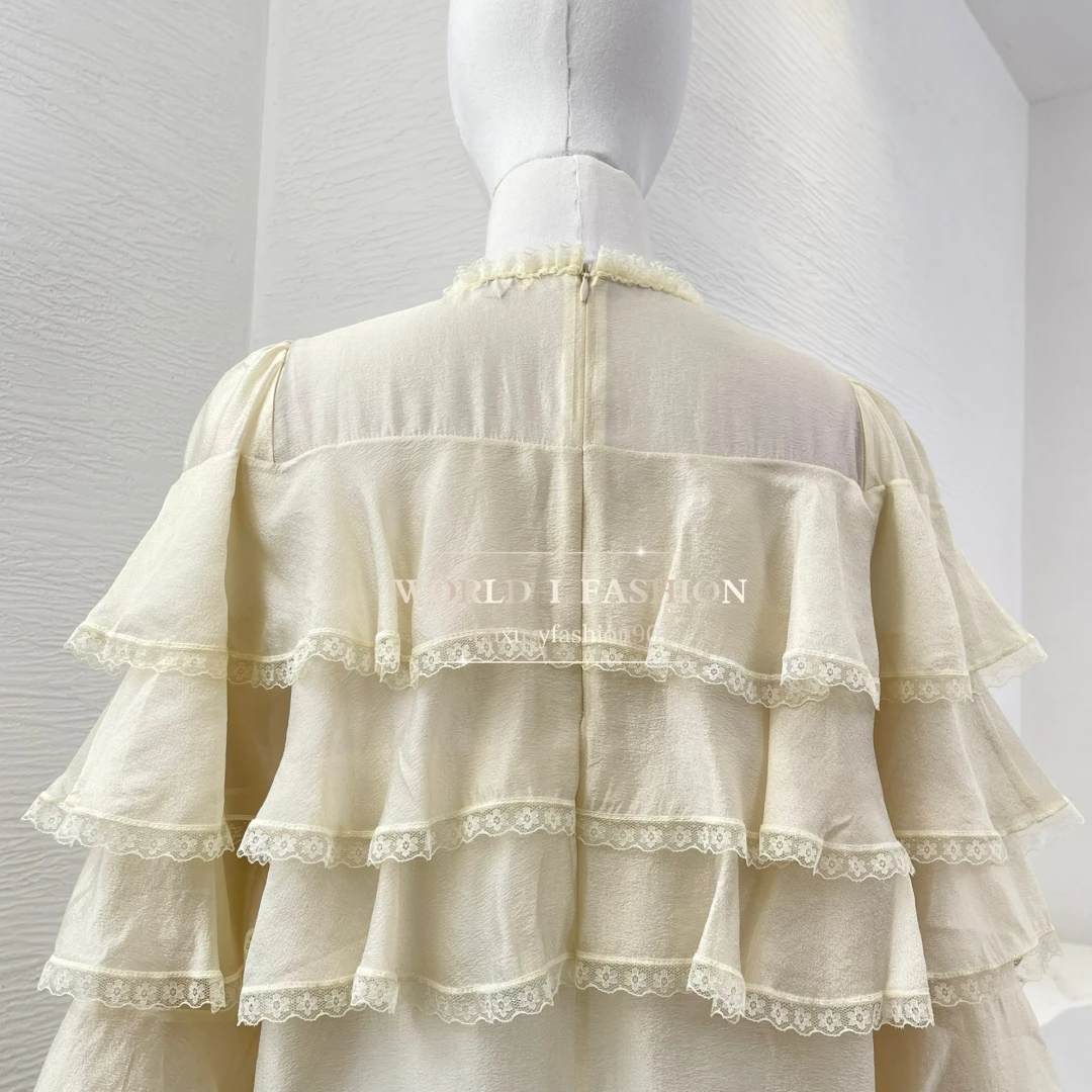 2025, hochwertige, weiße, abrikozenfarbene, langärmlige Blusen mit Blumenapplikationen und Holzohren und Spitze