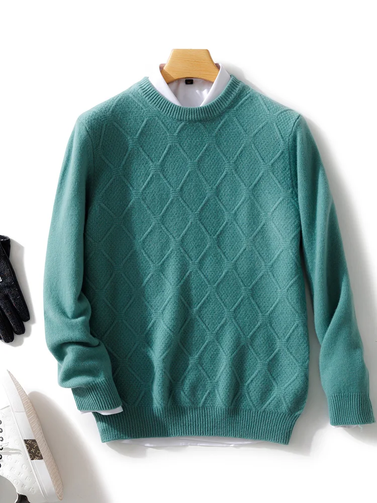 Autumn Winter Men Wool Pullover O-neck Long Sleeve Cashmere Sweater Rhombus Knit Smart Casual Clothing 100% Merino Wool Knitwear