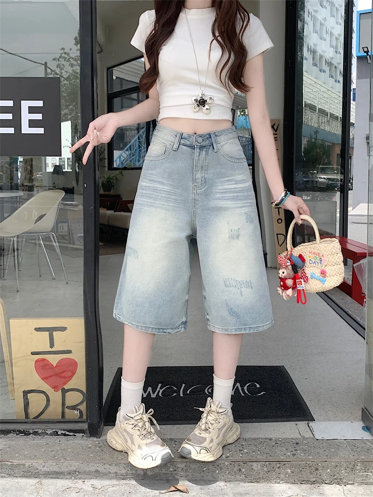 

High Waist Wide Leg Distressed Casual Jeans Women's Light Wash Straight Cut Trousers Spring Fashion plus Size Seven-Foot