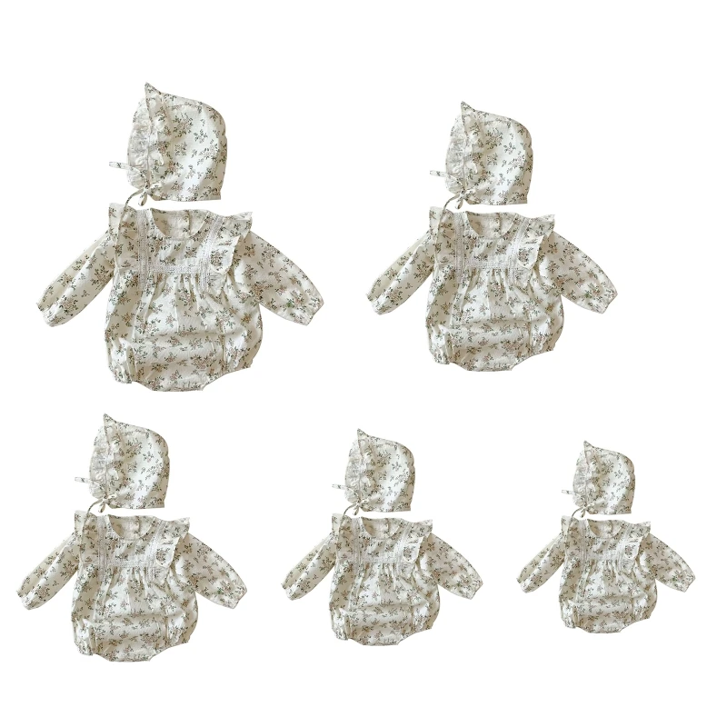 

Baby Lace Ruffle Cute Girl Romper With Hat Sets Infant Vintage Floral Jumpsuit